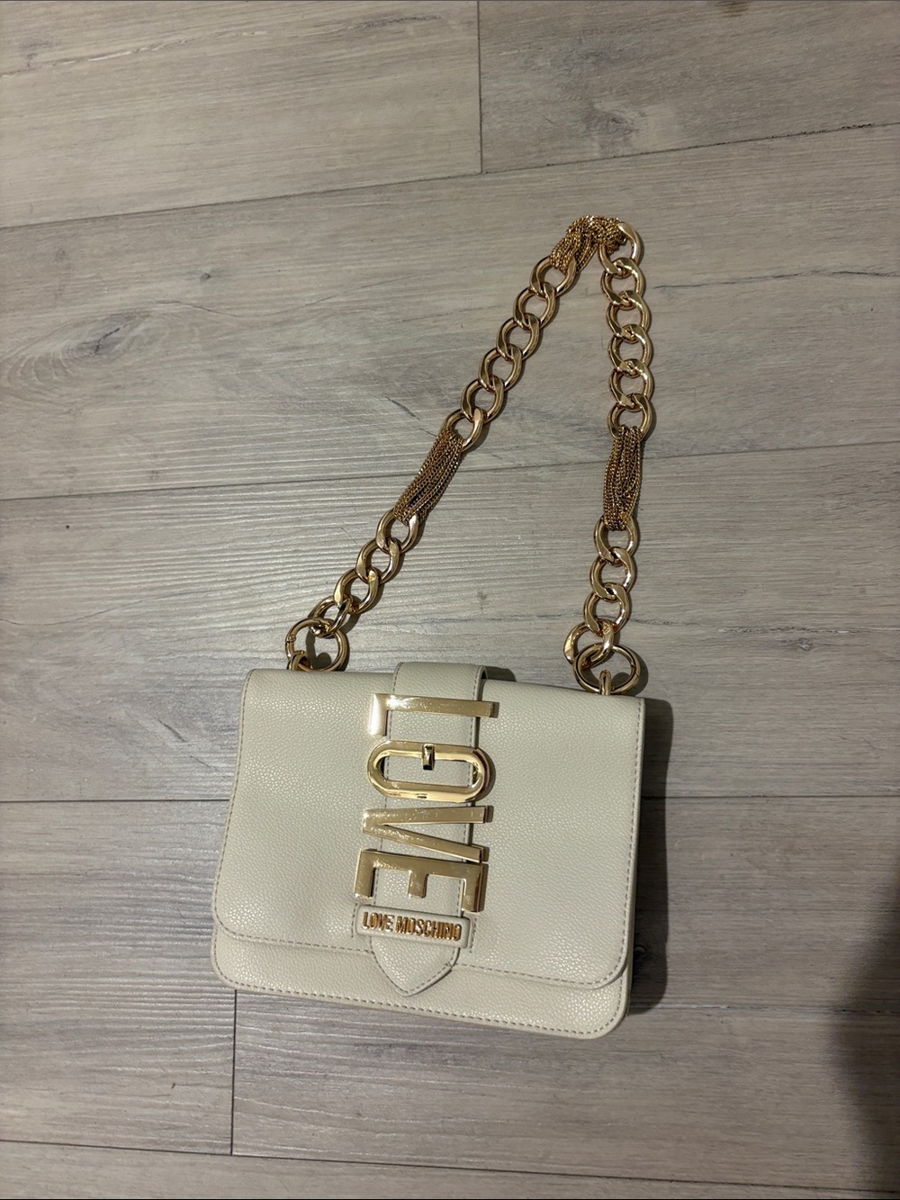 Love Moschino Cream Leather Shoulder Bag with Gold Chain